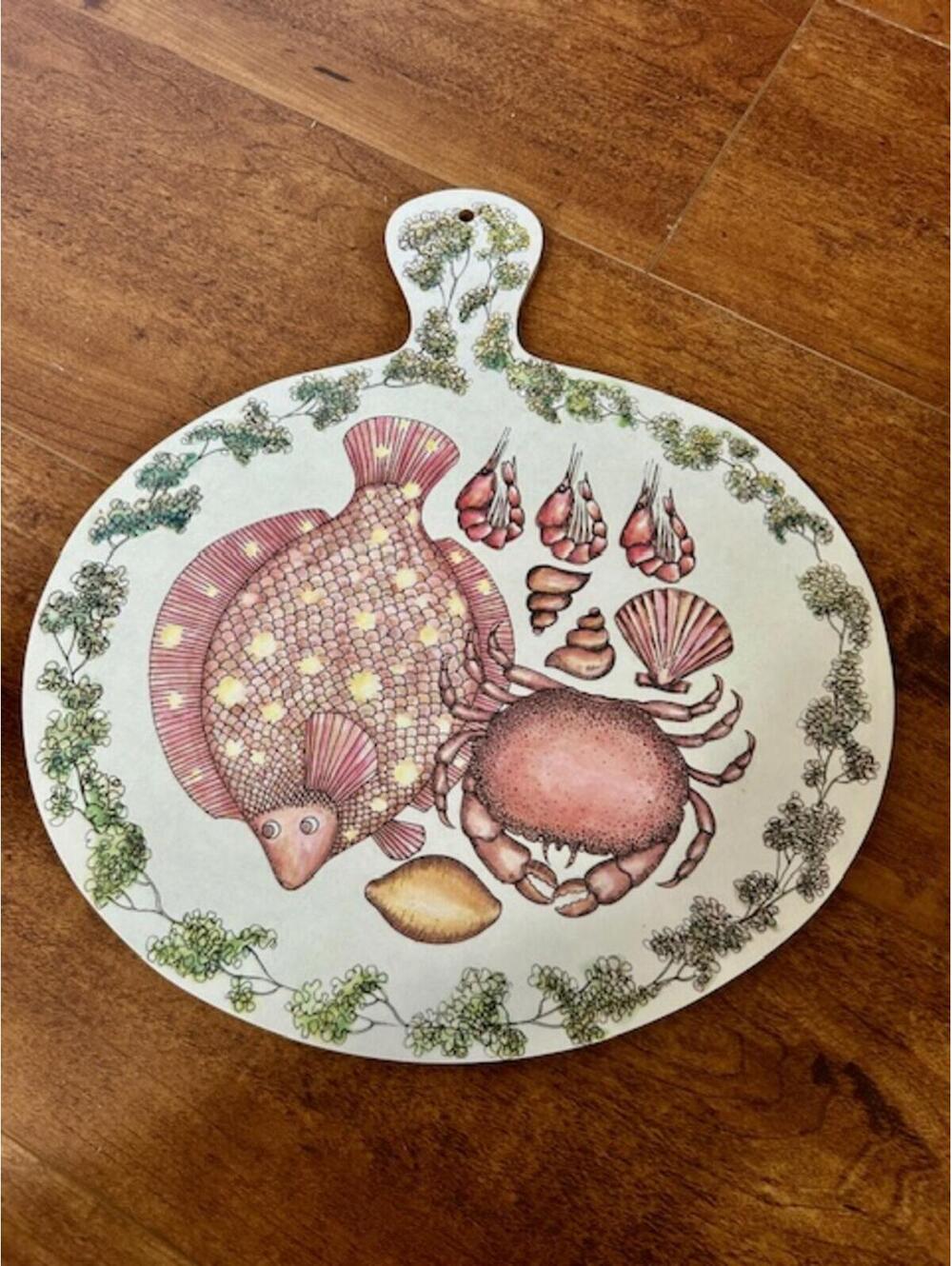 Vintage Made in England Decorative Wooden Cutting Board with Sea Life Design